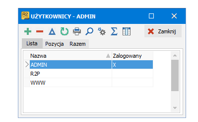 Ewidencja Użytkownicy z kolumną Zalogowany w Symfonii R2Płatnik