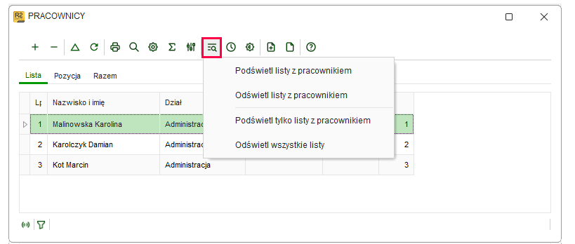 Ikona Podświetl listy na górnym pasku okna Pracownicy w Nowym R2Płatnik