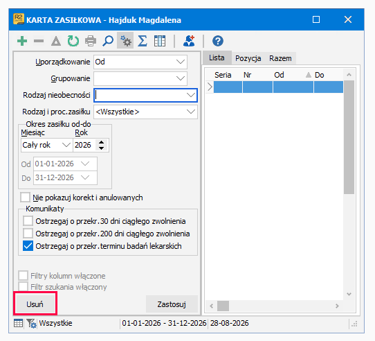 Okno właściwości z przyciskiem Usuń filtry w Symfonii R2Płatnik