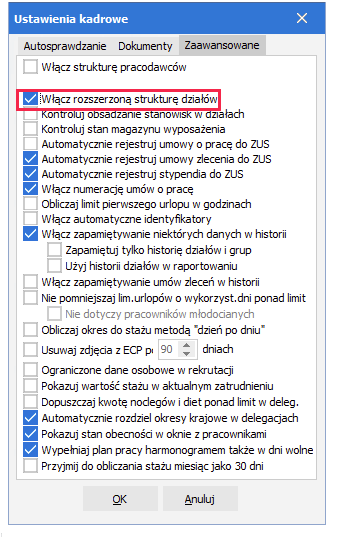 Ustawienia kadrowe – włączanie rozszerzonej struktury działów – R2Płatnik