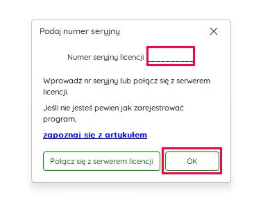 Okno rejestracji – podanie numeru seryjnego – Nowy R2Płatnik