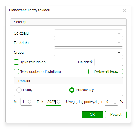 Okno zestawienia Planowane koszty zakładu w Nowym R2Płatnik