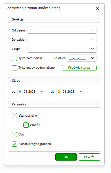 Okno zestawienia zmian umów o pracę z parametrami selekcji w Nowym R2Płatnik