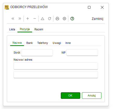 Dodawanie nowego odbiorcy przelewu w bibliotece Odbiorcy przelewów w Nowym R2Płatnik