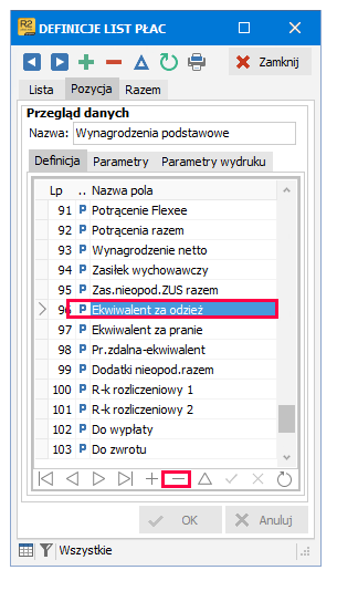 Usuwanie pola systemowego z definicji listy płac za pomocą szarego minusa w Symfonii R2Płatnik