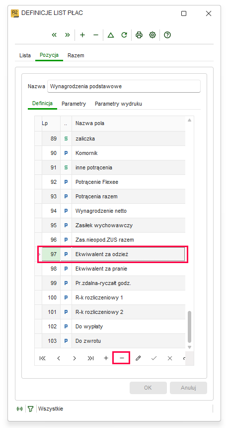 Usuwanie pola systemowego z definicji listy płac za pomocą szarego minusa w Nowym R2Płatnik
