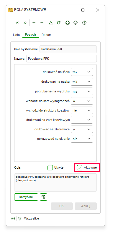 Zakładka Pozycja pola Podstawa PPK z checkboxem Aktywne w Nowym R2Płatnik
