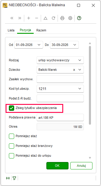 Zaznaczenie opcji Zbieg tytułów ubezpieczenia w ewidencji Nieobecności w Nowym R2Płatnik