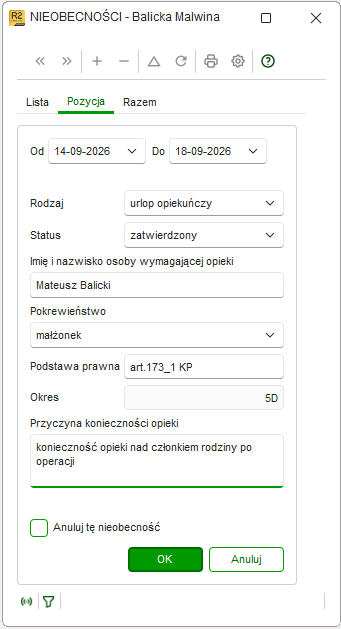Formularz wprowadzania urlopu opiekuńczego z wymaganymi polami w Nowym R2Płatnik