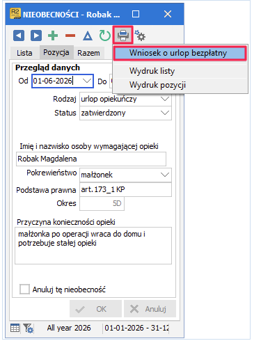 Ikona drukarki z opcją wydruku wniosku o urlop bezpłatny w Symfonii R2Płatnik