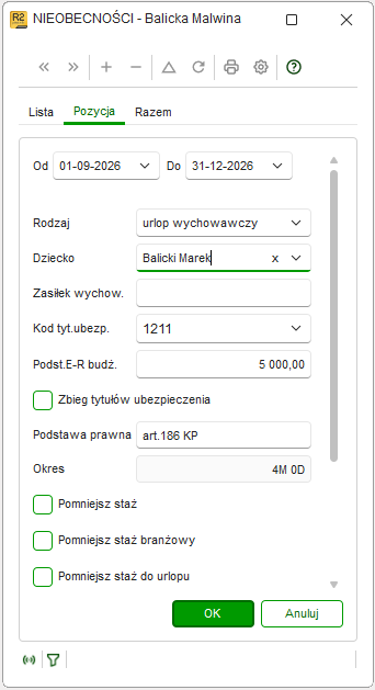 Formularz wprowadzania urlopu wychowawczego z wymaganymi polami w Nowym R2Płatnik
