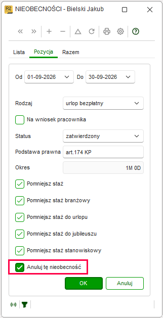 Opcja Anuluj tę nieobecność w ewidencji Nieobecności w Nowym R2Płatnik