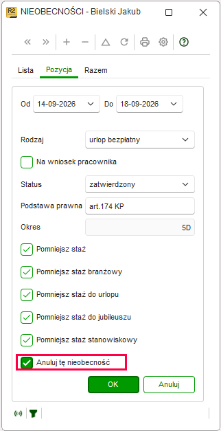 Anulowanie nieobecności przed korektą dat w Nowym R2Płatnik