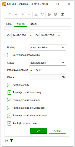 Wprowadzanie nowych dat nieobecności po anulowaniu w Nowym R2Płatnik