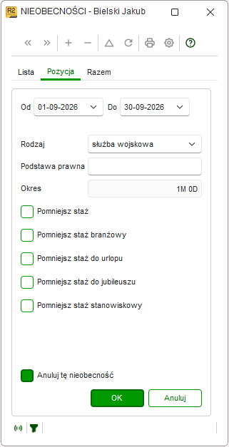 Formularz wprowadzania nieobecności z tytułu służby wojskowej z opcjami pomniejszania stażu w Nowym R2Płatnik