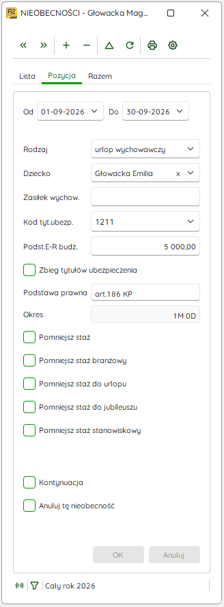 Ewidencja nieobecności z urlopem wychowawczym w Nowym R2Płatnik