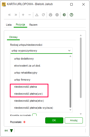 Wybór rodzaju nieobecności płatnej w Karcie urlopowej w Nowym R2Płatnik