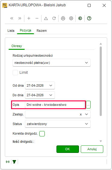 Wprowadzanie dat nieobecności płatnej z tytułu krwiodawstwa w Nowym R2Płatnik