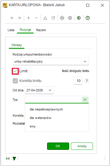 Wybór rodzaju urlopu rehabilitacyjnego w Karcie urlopowej – ustawianie limitu w Nowym R2Płatnik