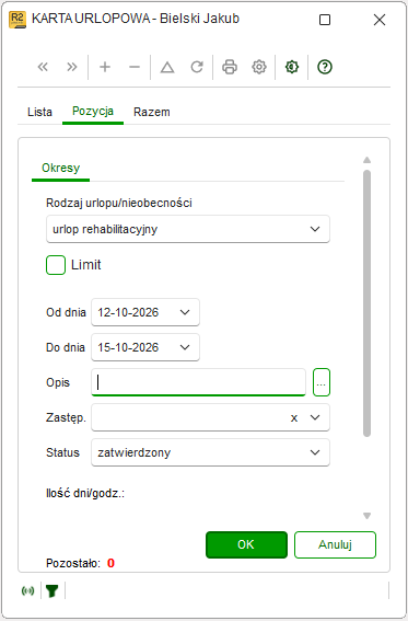 Wybór rodzaju urlopu rehabilitacyjnego w Karcie urlopowej – wprowadzanie urlopu w Nowym R2Płatnik