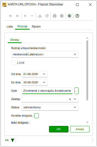 Wprowadzanie dat nieobecności płatnej ze zwolnieniem z obowiązku świadczenia pracy w Nowym R2Płatnik