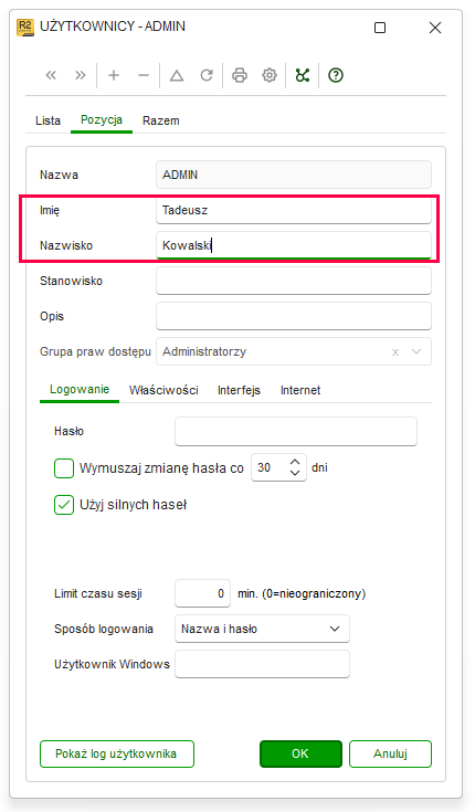 Okno Użytkownicy z polami imię i nazwisko w Nowym R2Płatnik