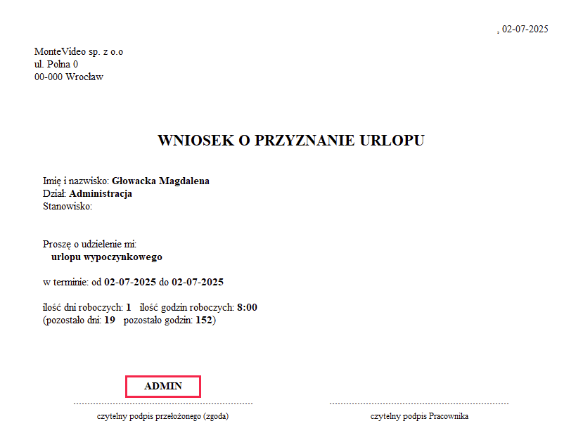 Standardowy wydruk wniosku urlopowego z imieniem i nazwiskiem osoby zatwierdzającej w Symfonii R2Płatnik