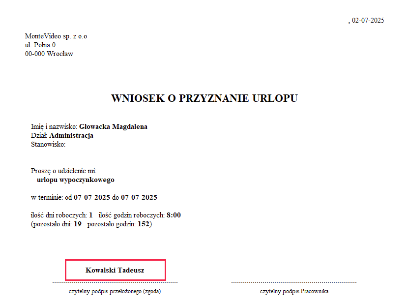 Wydruk wniosku urlopowego z imieniem i nazwiskiem osoby zatwierdzającej po uzupełnieniu danych użytkownika w Symfonii R2Płatnik