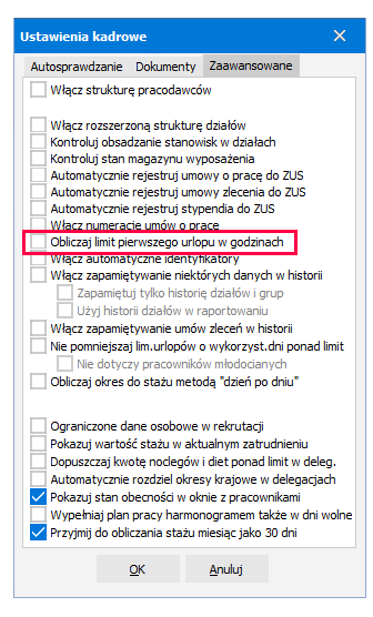 Ustawienie Obliczaj limit pierwszego urlopu w godzinach w Symfonii R2Płatnik
