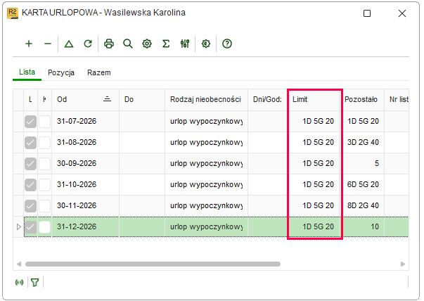 Karta urlopowa z limitem pierwszego urlopu bez zaokrąglenia w Nowym R2Płatnik