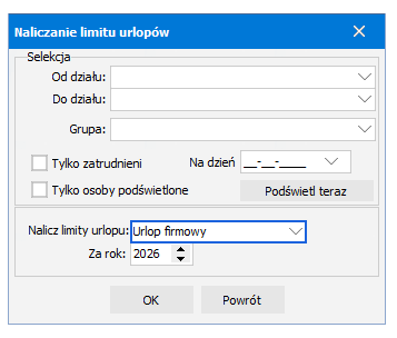 Wybór pozycji Urlop firmowy z listy Nalicz limity urlopu w Symfonii R2Płatnik