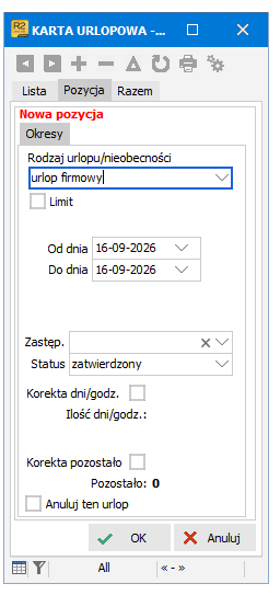 Wybór rodzaju Urlop firmowy w Karcie urlopowej w Symfonii R2Płatnik