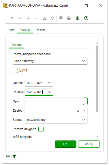 Wybór rodzaju Urlop firmowy w Karcie urlopowej w Nowym R2Płatnik