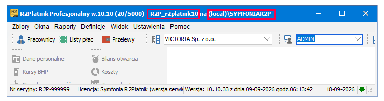 Górny pasek programu z nazwą serwera i bazy danych – Nowy R2Płatnik