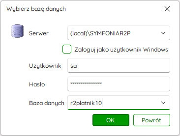 Okno zmiany bazy danych