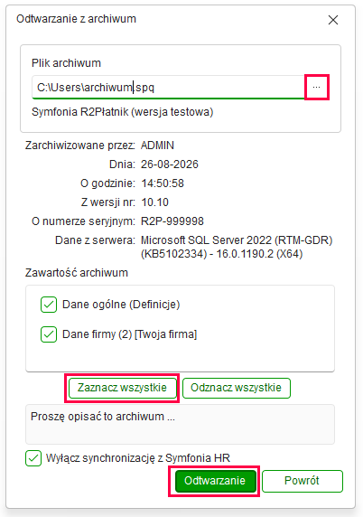 Okno odtwarzania danych z archiwum