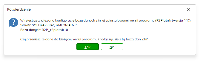 Okno Wybór konfiguracji bazy danych