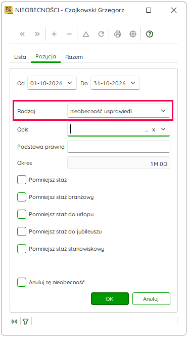 Wpis nieobecności usprawiedliwionej w ewidencji Nieobecności – Nowy R2Płatnik