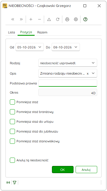 Wpis nieobecności usprawiedliwionej w ewidencji Nieobecności – Nowy R2Płatnik