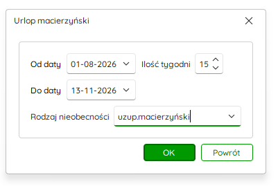 Okno wprowadzania uzupełniającego urlopu macierzyńskiego – Nowy R2Płatnik