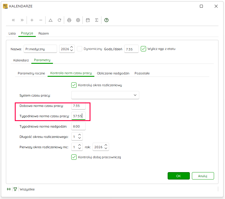 Ustawienia norm czasu pracy w kalendarzu – Nowy R2Płatnik