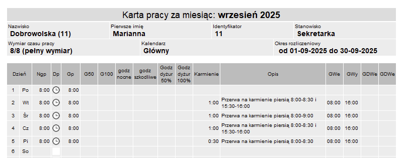 Wydruk karty pracy z opisem – Nowy R2Płatnik