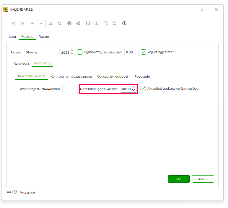 Parametry kalendarza z nominalną godziną wejścia – Nowy R2Płatnik