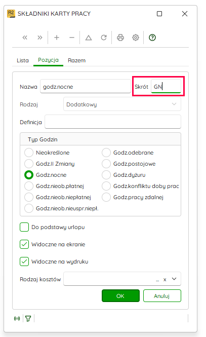 Pole skrótu dla składnika karty pracy – Nowy R2Płatnik