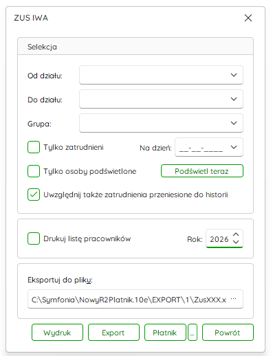 Okno generowania formularza ZUS IWA – Nowy R2Płatnik