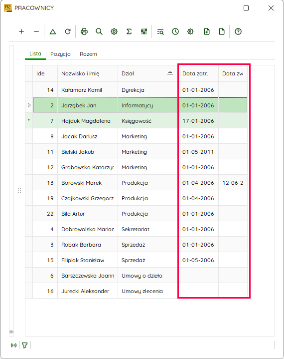 Okno Pracownicy z kolumnami Data zatr. i Data zwol. – Nowy R2Płatnik
