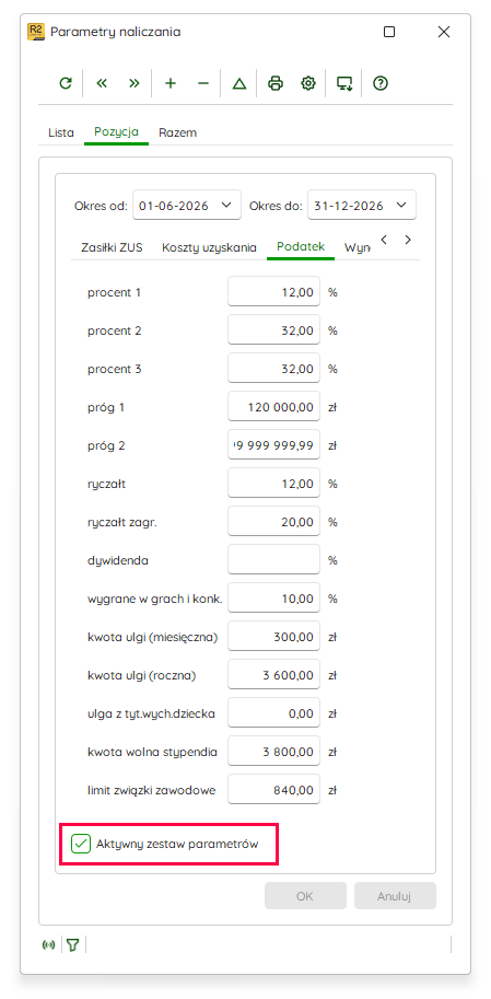 Parametry naliczania – zakładka Pozycja – Nowy R2Płatnik