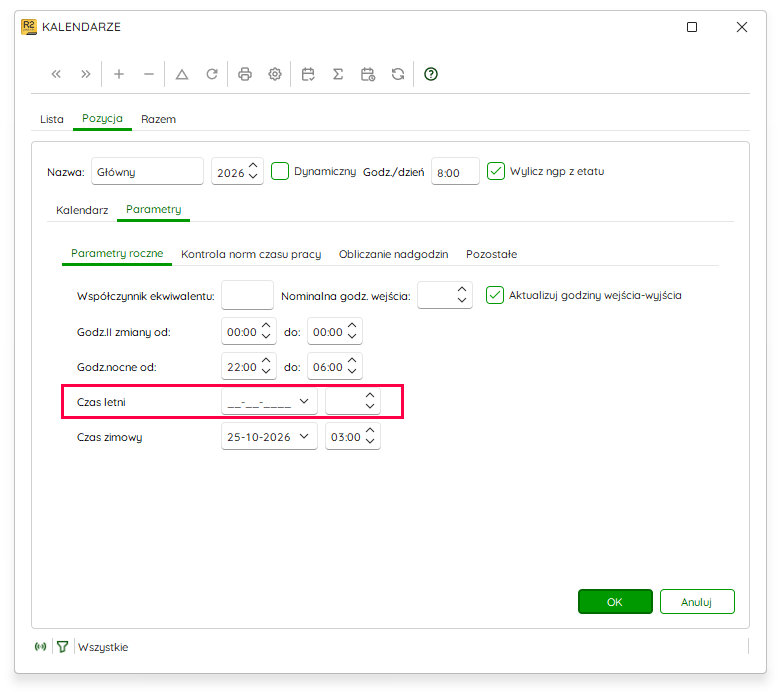 Parametry kalendarza z usuniętym wpisem zmiany czasu na letni – Nowy R2Płatnik