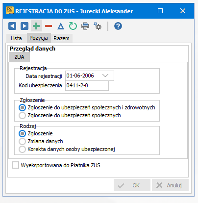 Ewidencja Rejestracja do ZUS z nowym zgłoszeniem ZUA – R2Płatnik