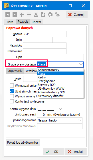 Pole Grupa praw dostępu z rozwiniętą listą grup – R2Płatnik